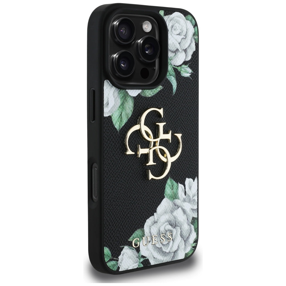 Funda para Apple iPhone 16 Pro, Guess, 4G Grained Roses Big Logo, Negra