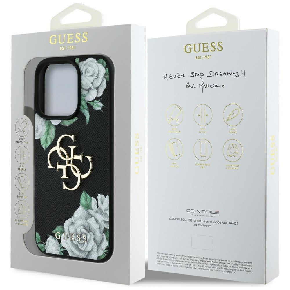 Funda para Apple iPhone 16 Pro, Guess, 4G Grained Roses Big Logo, Negra