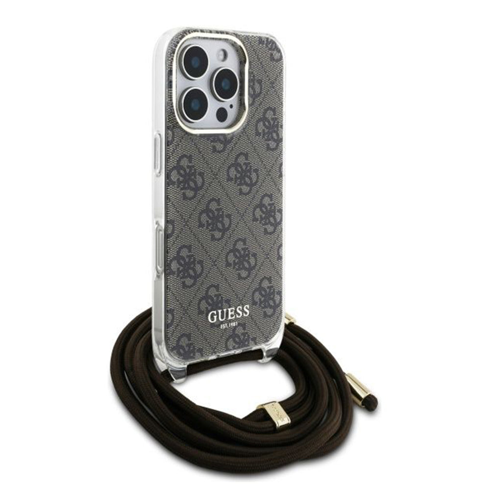 Funda para Apple iPhone 16 Pro, Guess, Crossbody Cord 4G Print, Marrón