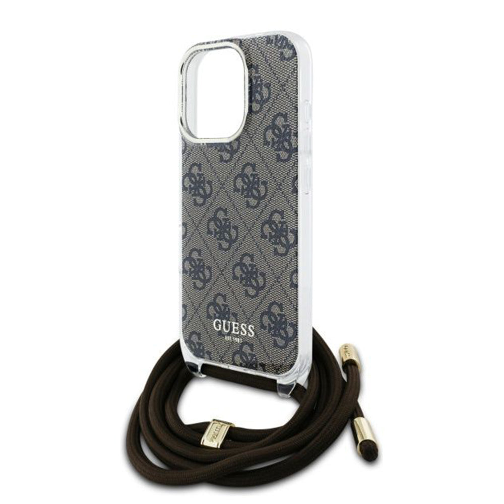 Funda para Apple iPhone 16 Pro, Guess, Crossbody Cord 4G Print, Marrón