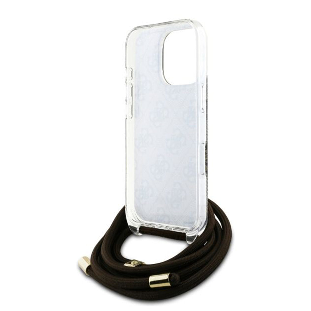 Funda para Apple iPhone 16 Pro, Guess, Crossbody Cord 4G Print, Marrón