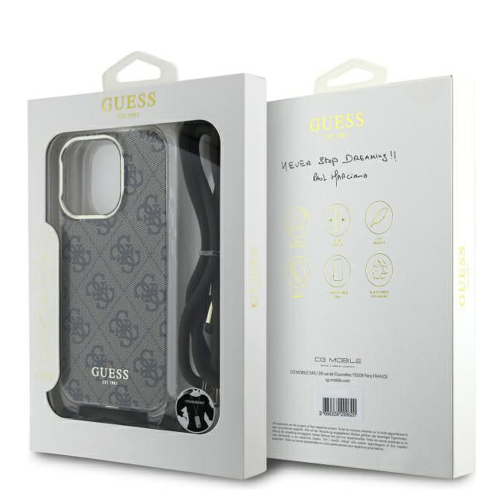 Funda para Apple iPhone 16 Pro, Guess, Crossbody Cord 4G Print, Marrón
