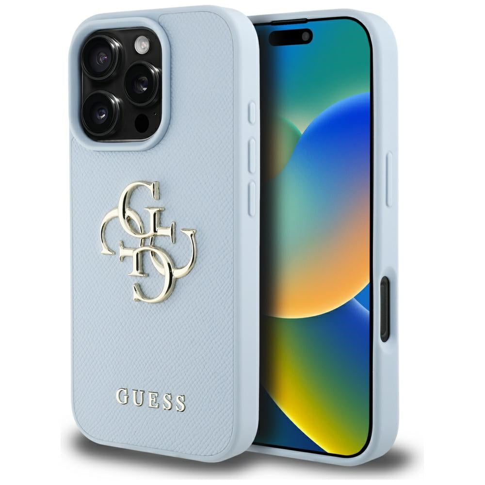 Funda para Apple iPhone 16 Pro, Guess, Grained Big 4G Logo Small Classic Logo, Azul