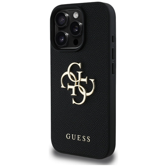 Funda para Apple iPhone 16 Pro, Guess, Grained Big 4G Logo Small Classic Logo, Negra