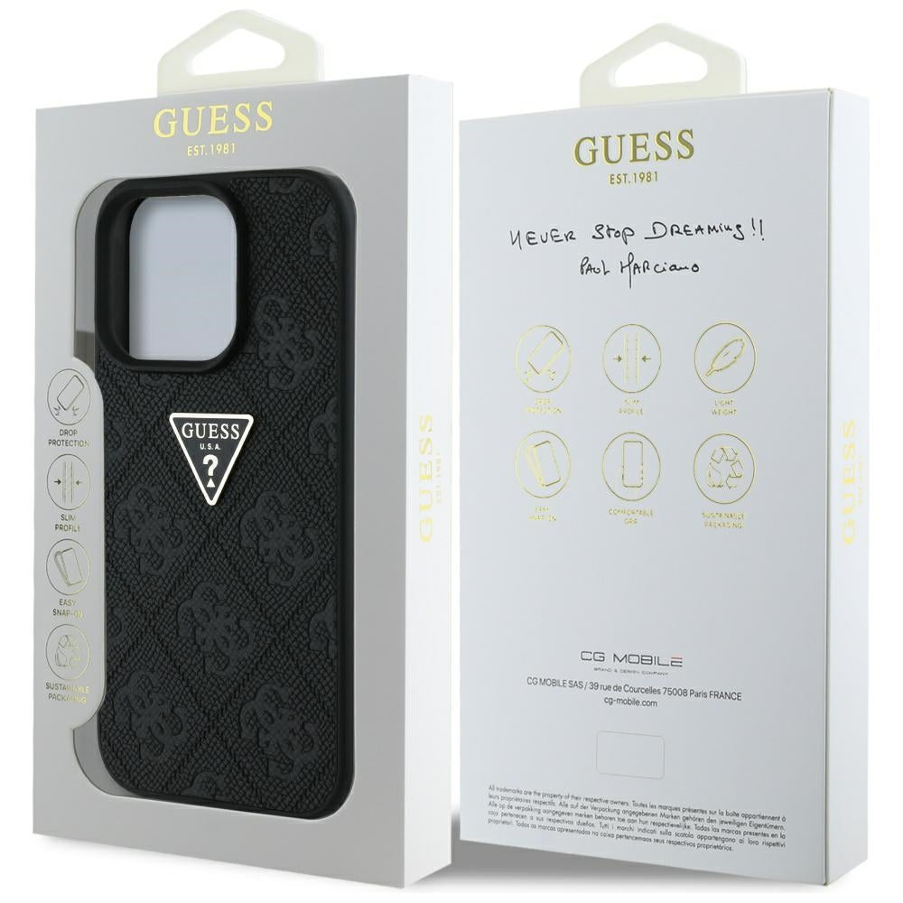 Funda para Apple iPhone 16 Pro, Guess, Hot Stamp 4G Pattern Triangle Logo, Negra