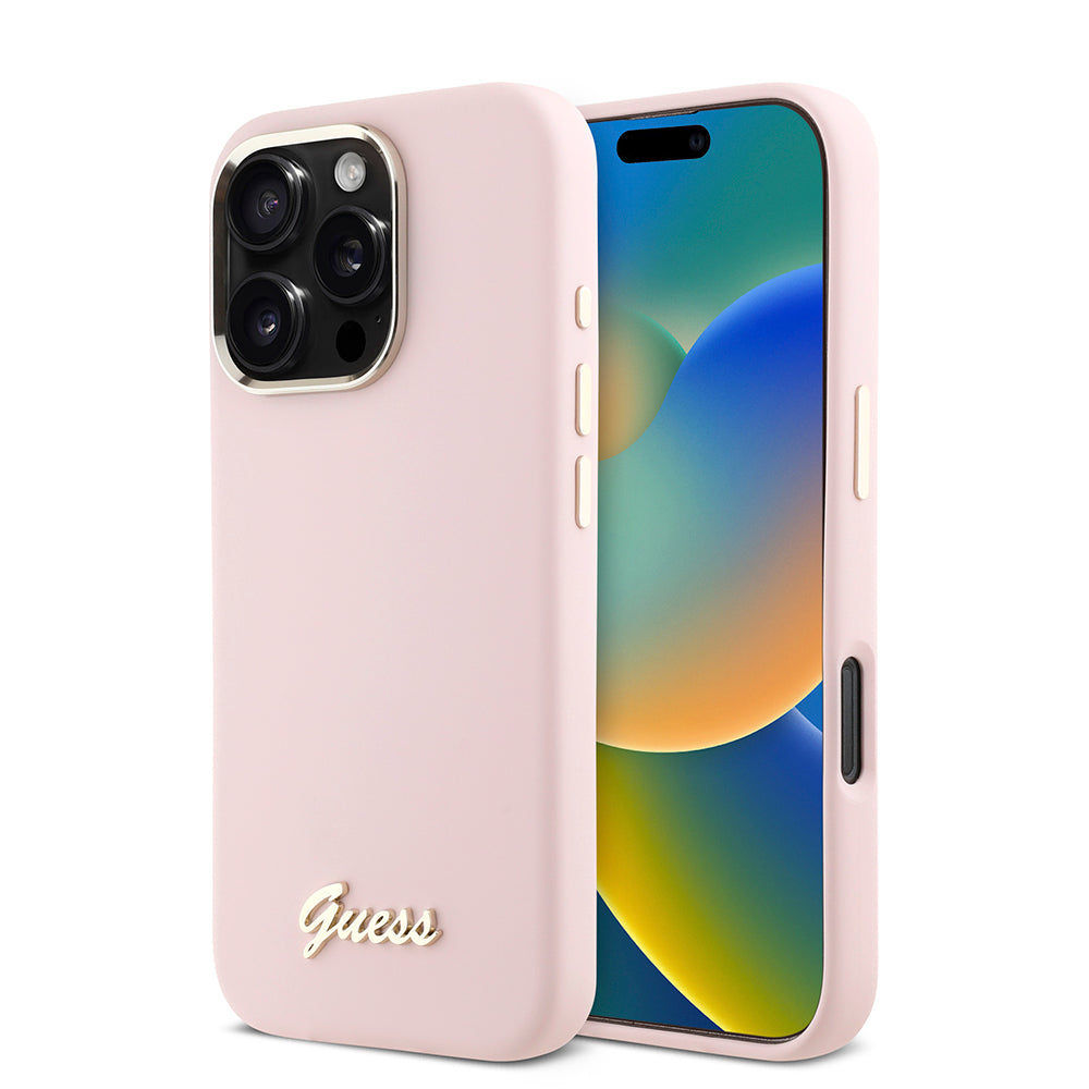 Funda para Apple iPhone 16 Pro, Guess, Script Metal Logo & Frame, Rosa
