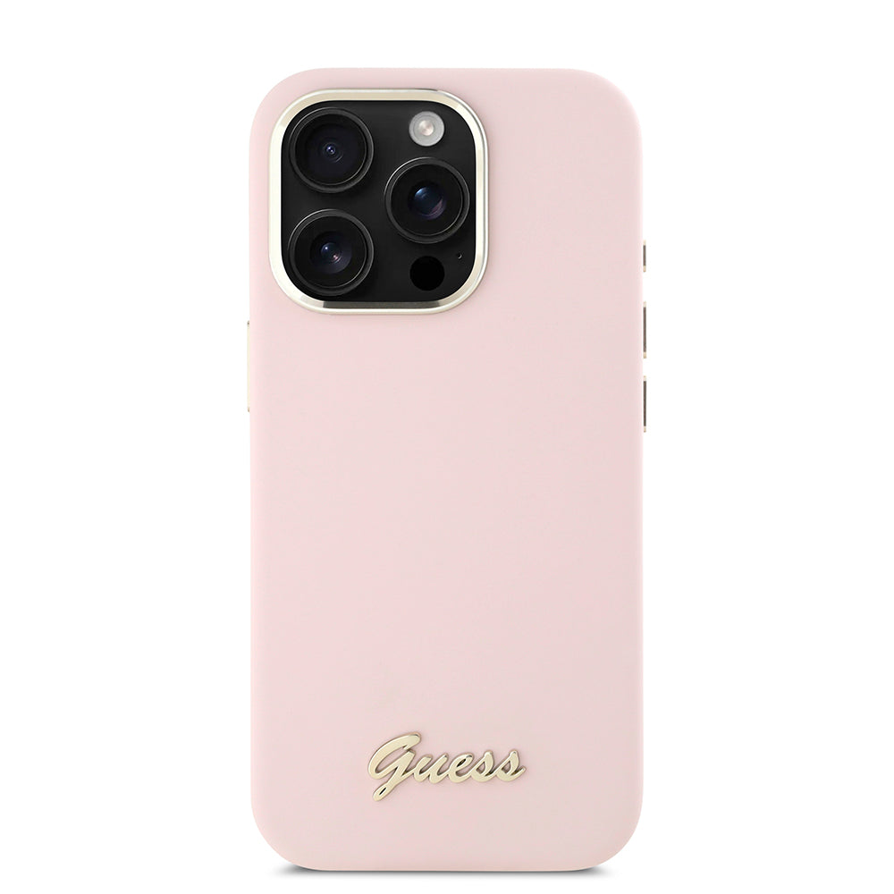 Funda para Apple iPhone 16 Pro, Guess, Script Metal Logo & Frame, Rosa