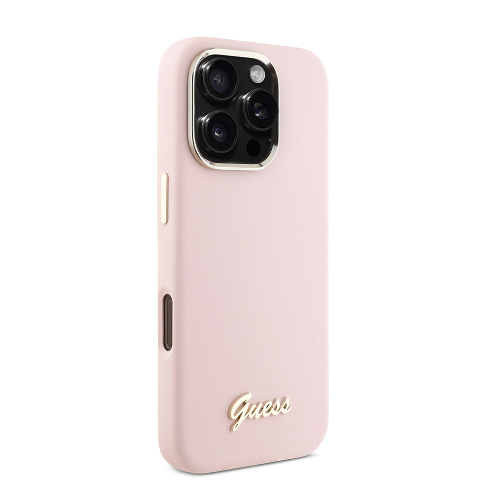 Funda para Apple iPhone 16 Pro, Guess, Script Metal Logo & Frame, Rosa