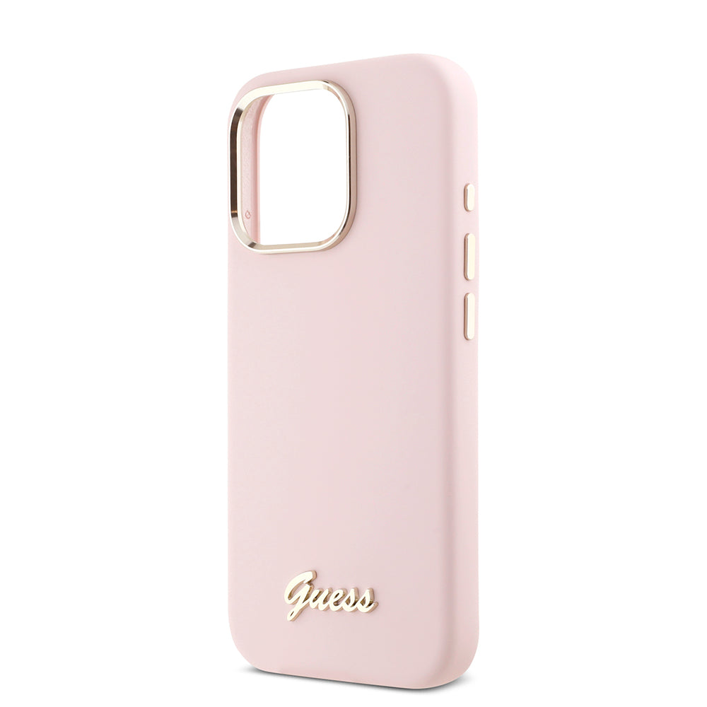 Funda para Apple iPhone 16 Pro, Guess, Script Metal Logo & Frame, Rosa