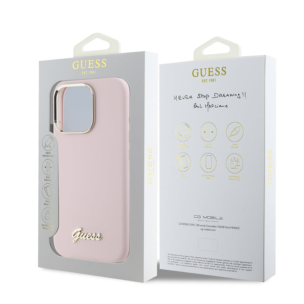 Funda para Apple iPhone 16 Pro, Guess, Script Metal Logo & Frame, Rosa