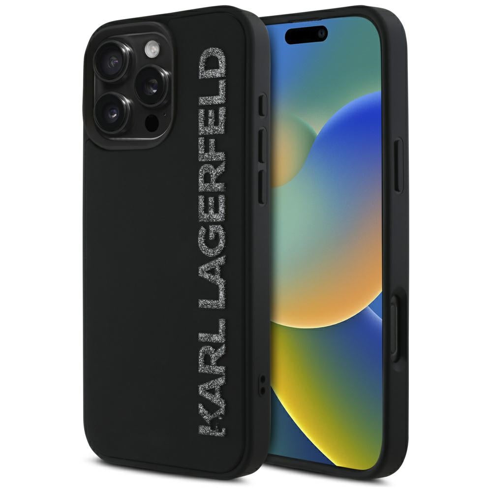 Funda para Apple iPhone 16 Pro, Karl Lagerfeld, Logo Alargado de Goma 3D Glitter, Negra
