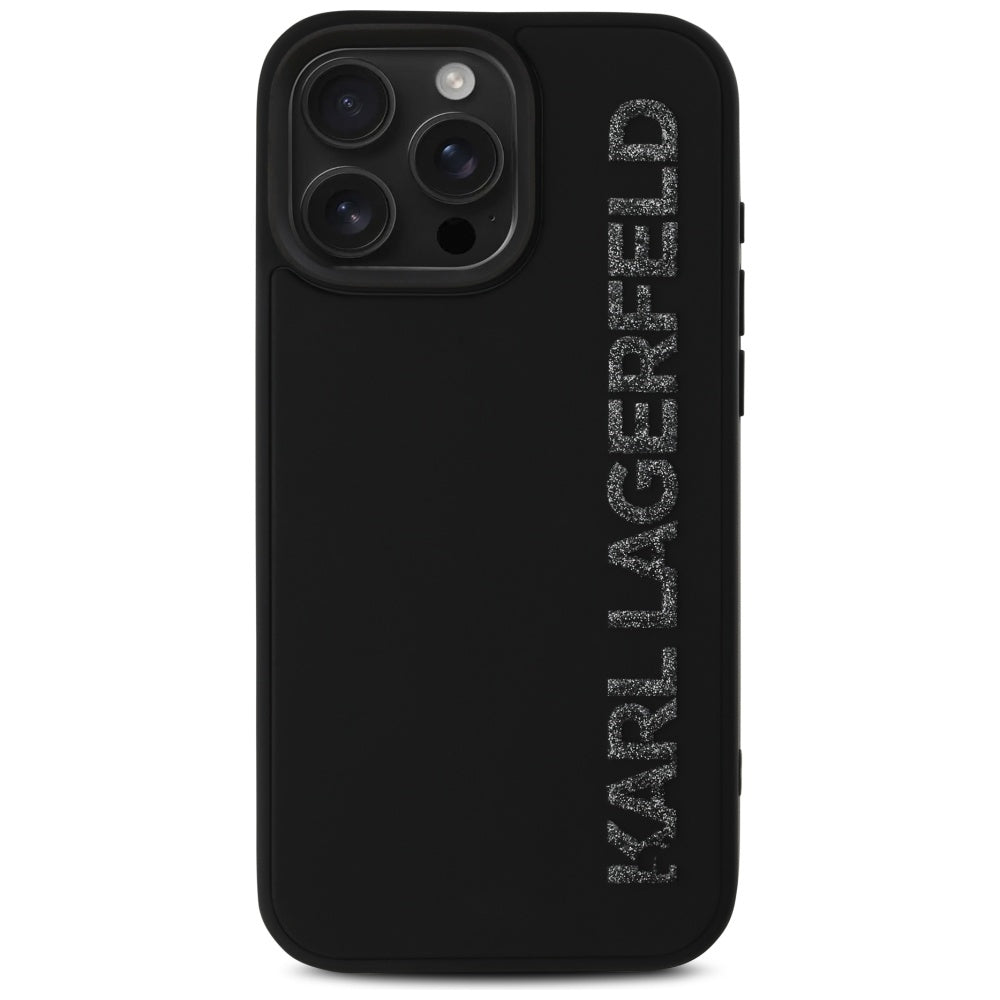 Funda para Apple iPhone 16 Pro, Karl Lagerfeld, Logo Alargado de Goma 3D Glitter, Negra