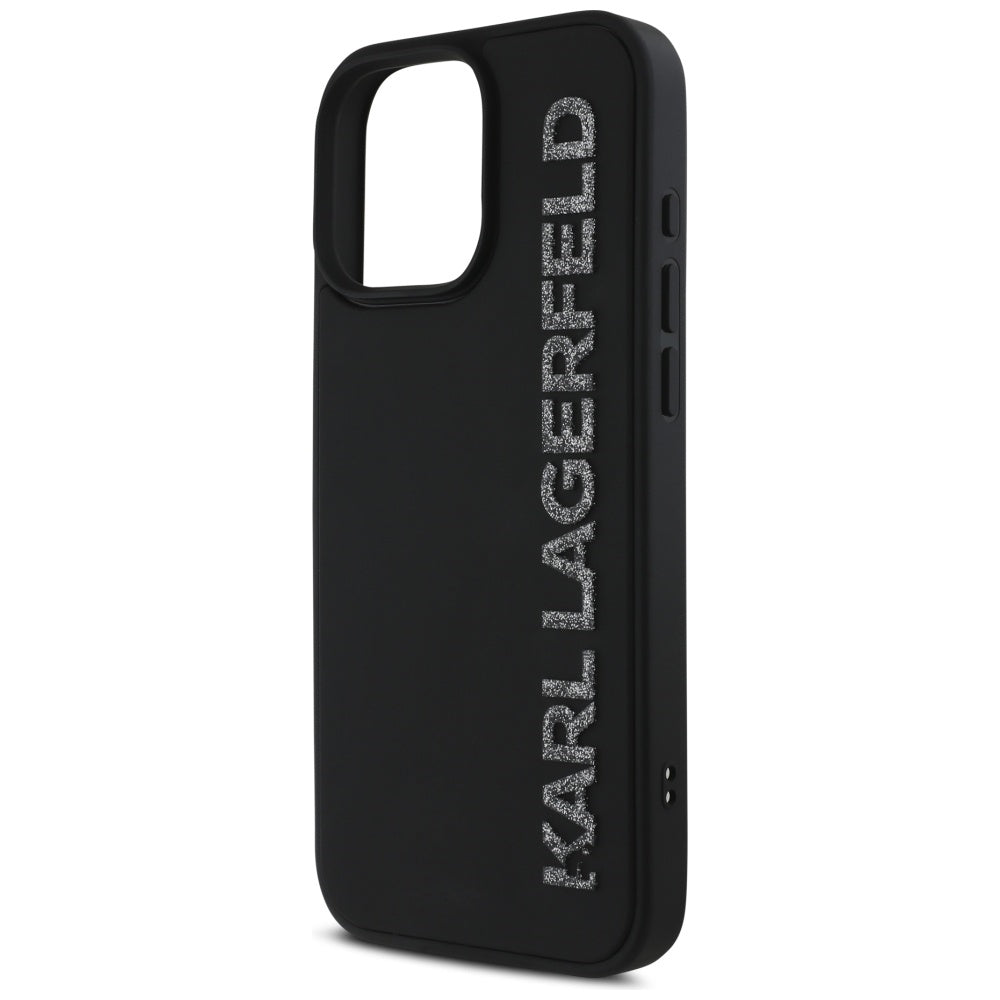 Funda para Apple iPhone 16 Pro, Karl Lagerfeld, Logo Alargado de Goma 3D Glitter, Negra