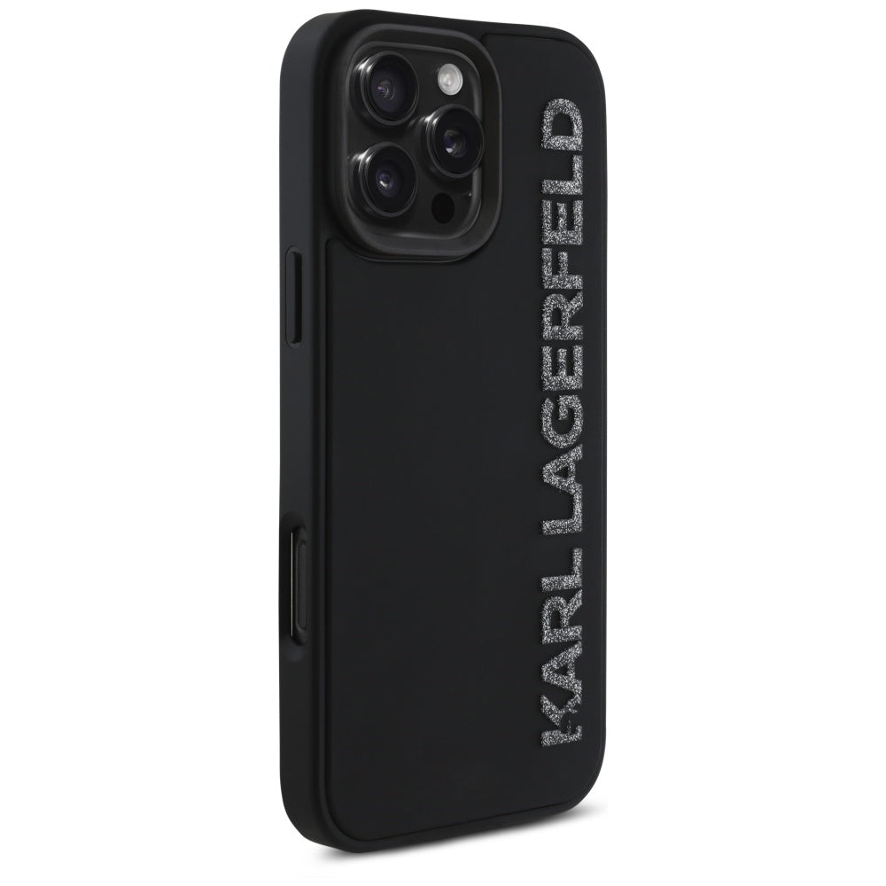 Funda para Apple iPhone 16 Pro, Karl Lagerfeld, Logo Alargado de Goma 3D Glitter, Negra