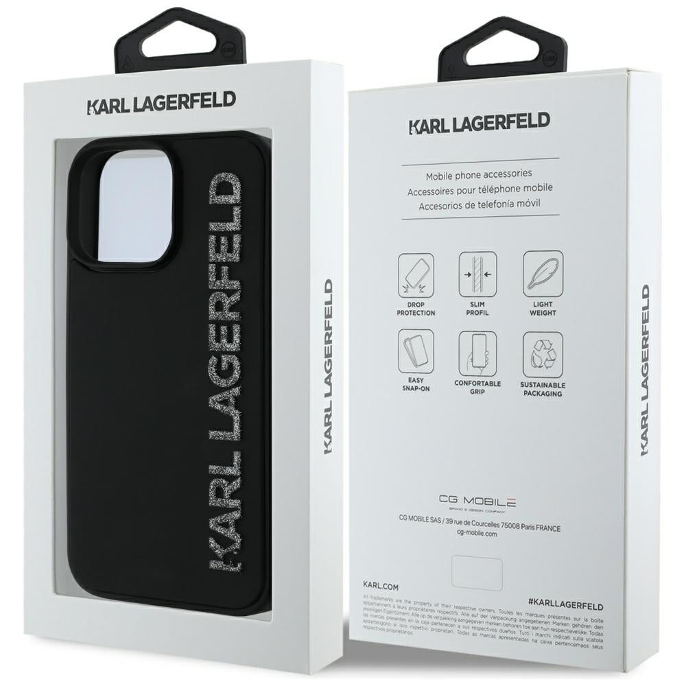 Funda para Apple iPhone 16 Pro, Karl Lagerfeld, Logo Alargado de Goma 3D Glitter, Negra