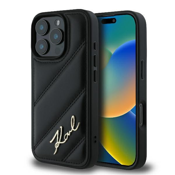 Funda para Apple iPhone 16 Pro, Karl Lagerfeld, Diagonal Quilted Script, Negra