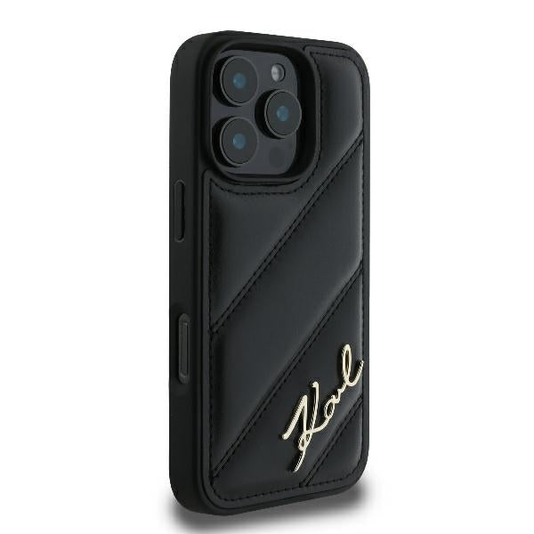 Funda para Apple iPhone 16 Pro, Karl Lagerfeld, Diagonal Quilted Script, Negra