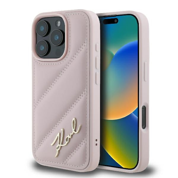 Funda para Apple iPhone 16 Pro, Karl Lagerfeld, Diagonal Quilted Script, Rosa