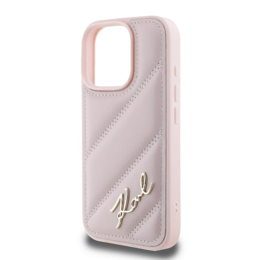 Funda para Apple iPhone 16 Pro, Karl Lagerfeld, Diagonal Quilted Script, Rosa