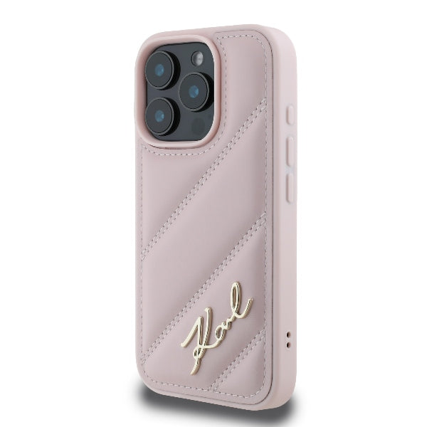 Funda para Apple iPhone 16 Pro, Karl Lagerfeld, Diagonal Quilted Script, Rosa