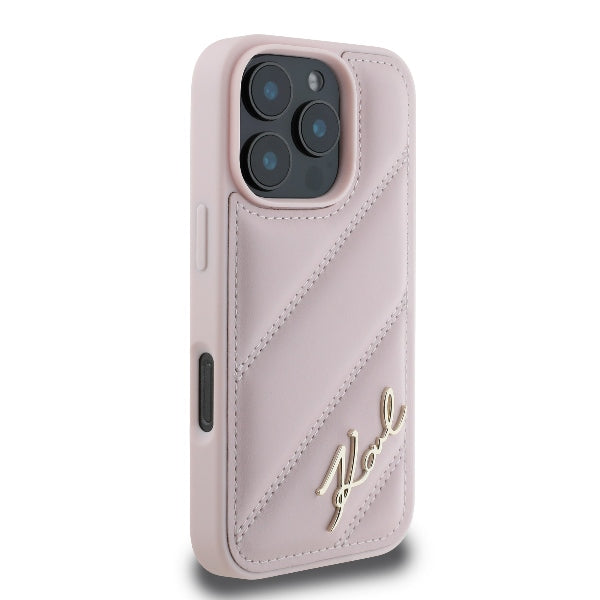 Funda para Apple iPhone 16 Pro, Karl Lagerfeld, Diagonal Quilted Script, Rosa