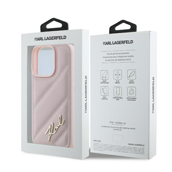 Funda para Apple iPhone 16 Pro, Karl Lagerfeld, Diagonal Quilted Script, Rosa