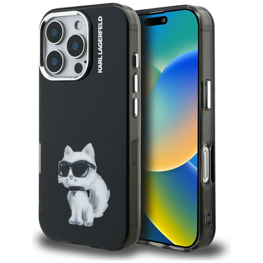 Funda para Apple iPhone 16 Pro, Karl Lagerfeld, IML Aquarelle Logo Choupette, Negra