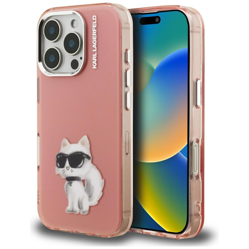 Funda para Apple iPhone 16 Pro, Karl Lagerfeld, IML Aquarelle Logo Choupette, Rosa