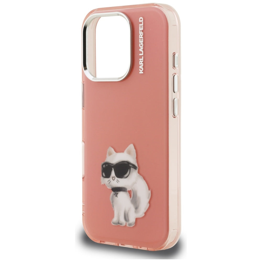 Funda para Apple iPhone 16 Pro, Karl Lagerfeld, IML Aquarelle Logo Choupette, Rosa