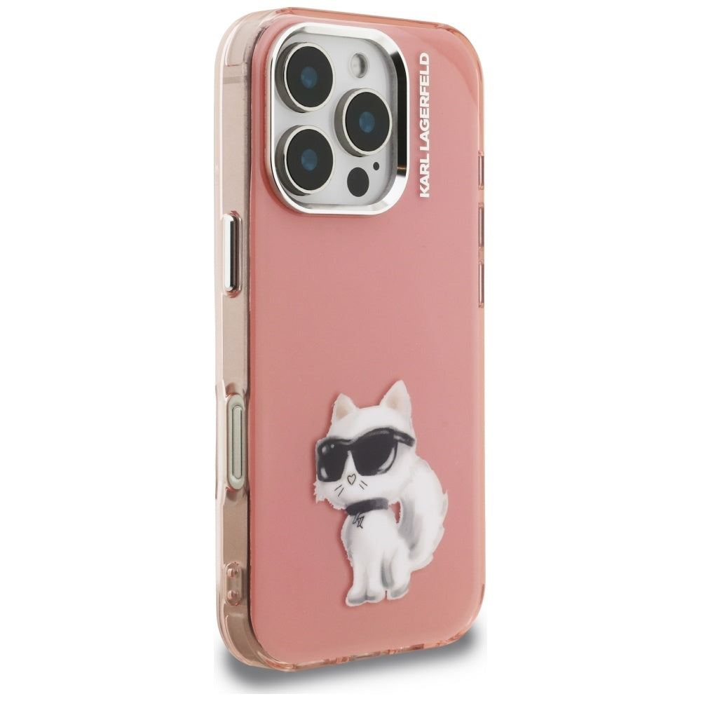 Funda para Apple iPhone 16 Pro, Karl Lagerfeld, IML Aquarelle Logo Choupette, Rosa