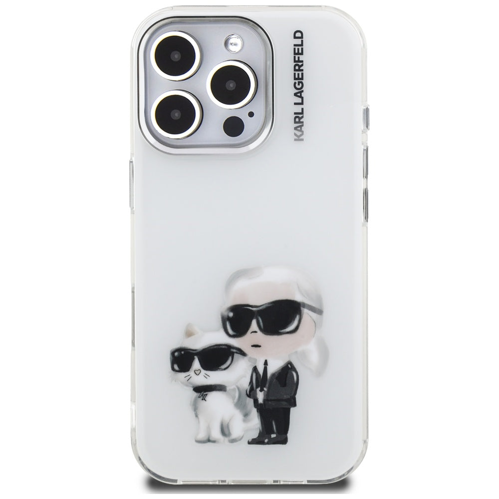 Funda para Apple iPhone 16 Pro, Karl Lagerfeld, IML Aquarelle Logo Karl & Choupette, Blanca