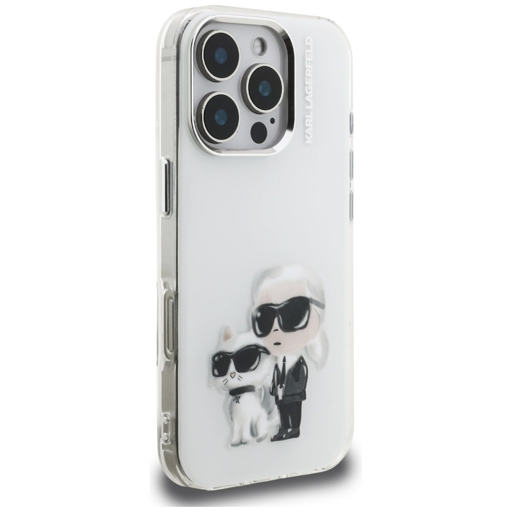 Funda para Apple iPhone 16 Pro, Karl Lagerfeld, IML Aquarelle Logo Karl & Choupette, Blanca