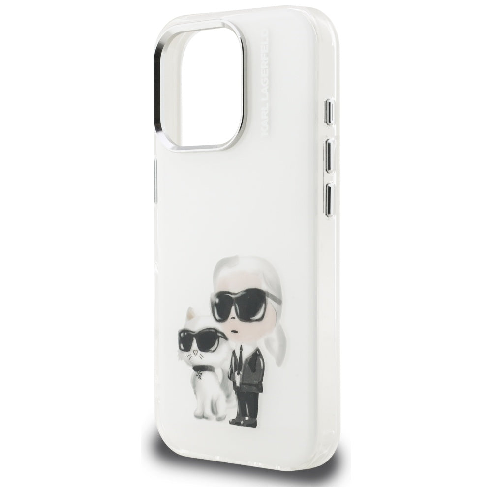 Funda para Apple iPhone 16 Pro, Karl Lagerfeld, IML Aquarelle Logo Karl & Choupette, Blanca