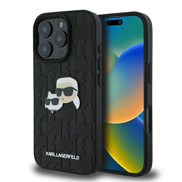 Funda para Apple iPhone 16 Pro, Karl Lagerfeld, Monograma Karl & Cabezas de Choupette, Negra