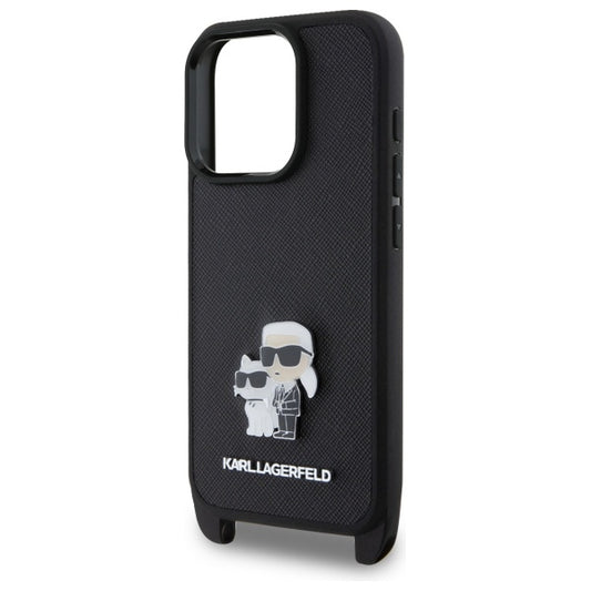 Funda para Apple iPhone 16 Pro, Karl Lagerfeld, Saffiano Crossbody Metal Pin Karl & Choupette, Negra
