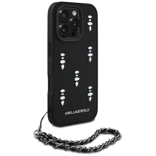 Funda para Apple iPhone 16 Pro, Karl Lagerfeld, Saffiano Crystals & Charm, Negra