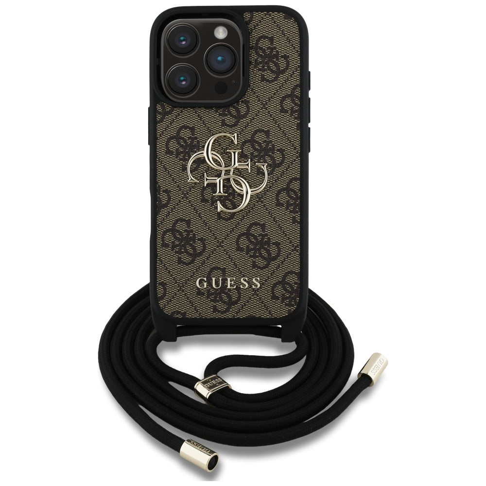 Funda para Apple iPhone 16 Pro Max, Guess, 4G CBDY Big Logo con Correa de Cordón, Marrón