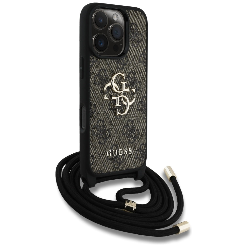 Funda para Apple iPhone 16 Pro Max, Guess, 4G CBDY Big Logo con Correa de Cordón, Marrón