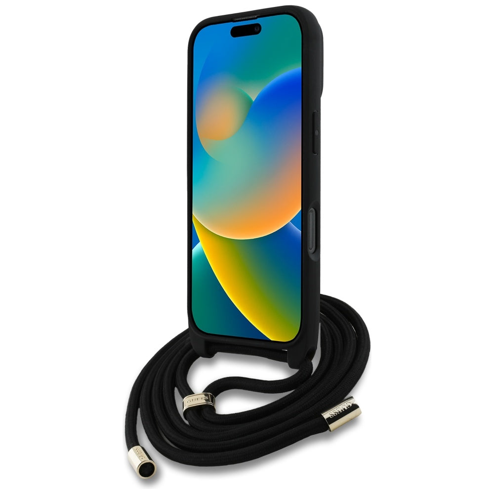 Funda para Apple iPhone 16 Pro Max, Guess, 4G CBDY Big Logo con Correa de Cordón, Marrón