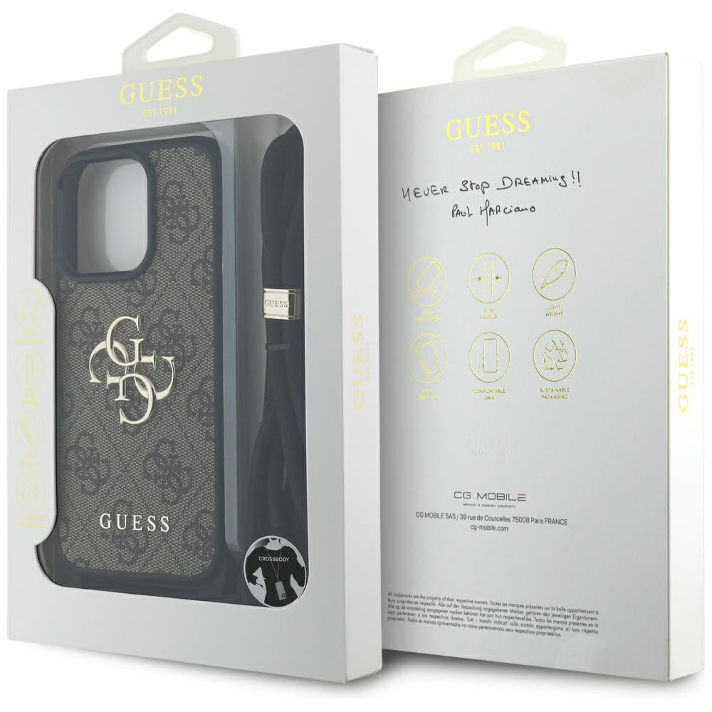 Funda para Apple iPhone 16 Pro Max, Guess, 4G CBDY Big Logo con Correa de Cordón, Marrón