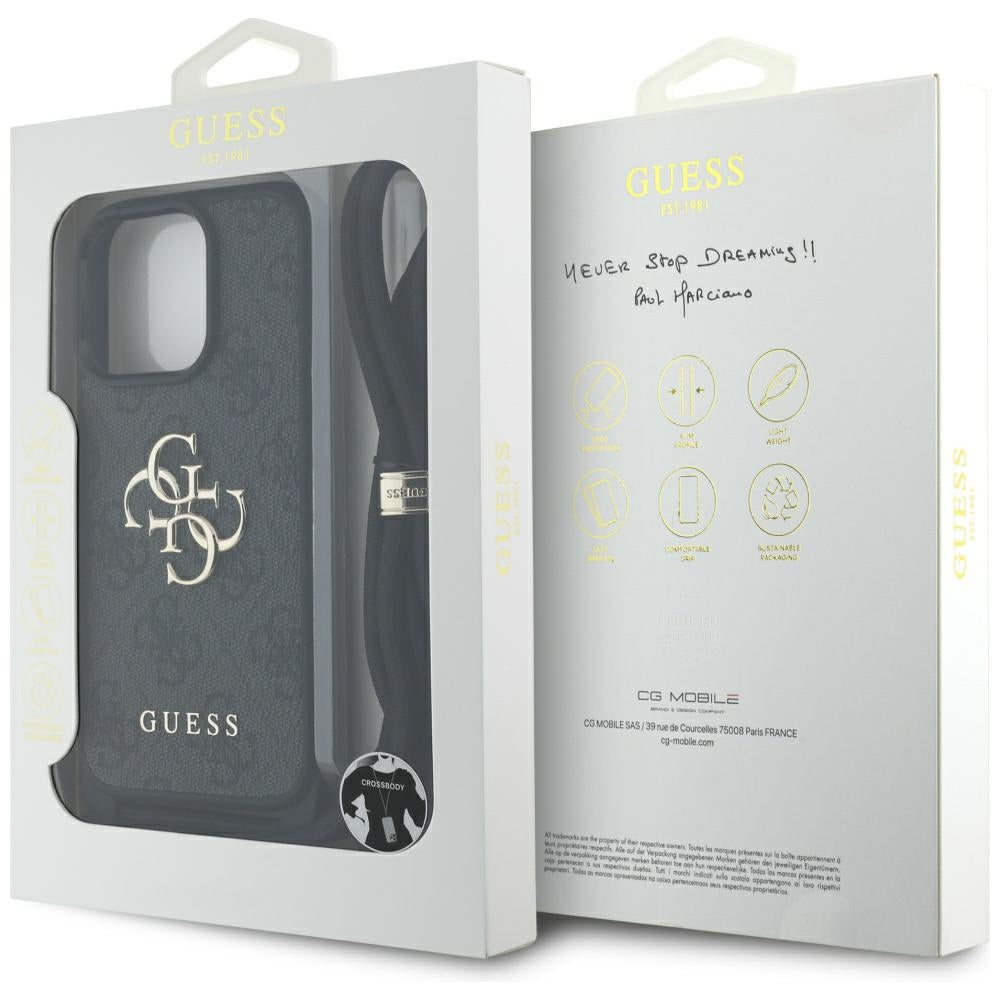 Case for Apple iPhone 16 Pro Max, Guess, 4G CBDY Big Logo with Cord Strap, Black