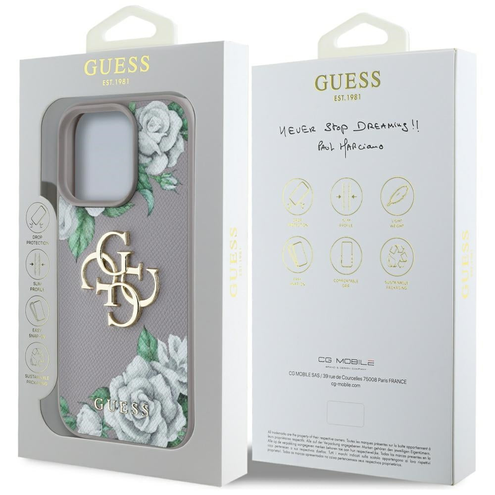Funda para Apple iPhone 16 Pro Max, Guess, 4G Grained Roses Big Logo, Morado