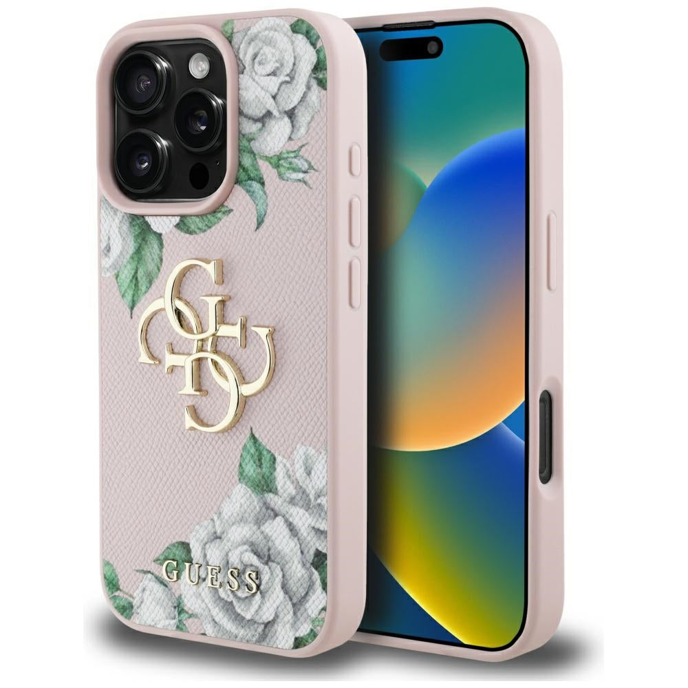 Funda para Apple iPhone 16 Pro Max, Guess, 4G Grained Roses Big Logo, Rosa