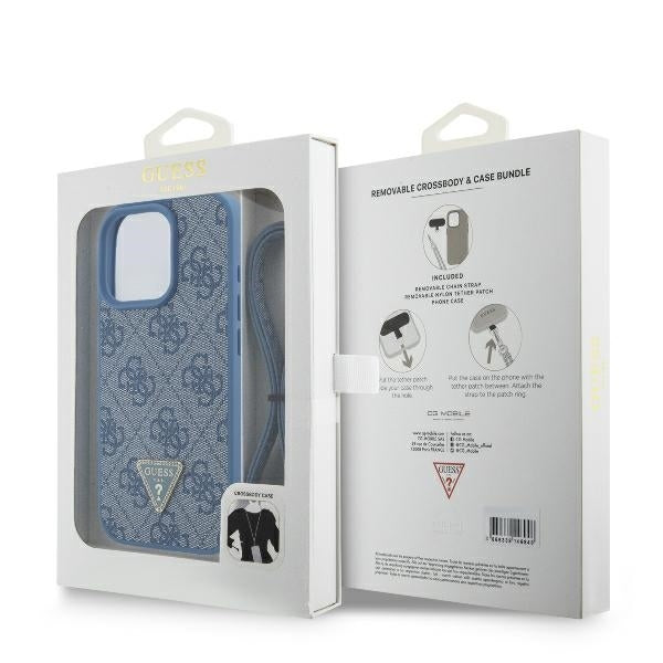 Funda para Apple iPhone 16 Pro Max, Guess, Crossbody 4G Triangle Strass, Azul