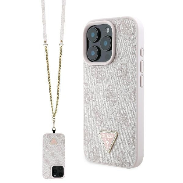 Funda para Apple iPhone 16 Pro Max, Guess, Crossbody 4G Triangle Strass, Rosa.