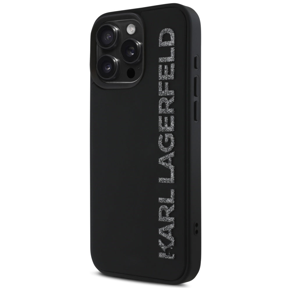 Funda para Apple iPhone 16 Pro Max, Karl Lagerfeld, 3D Rubber Elongated Glitter Logo, Negra