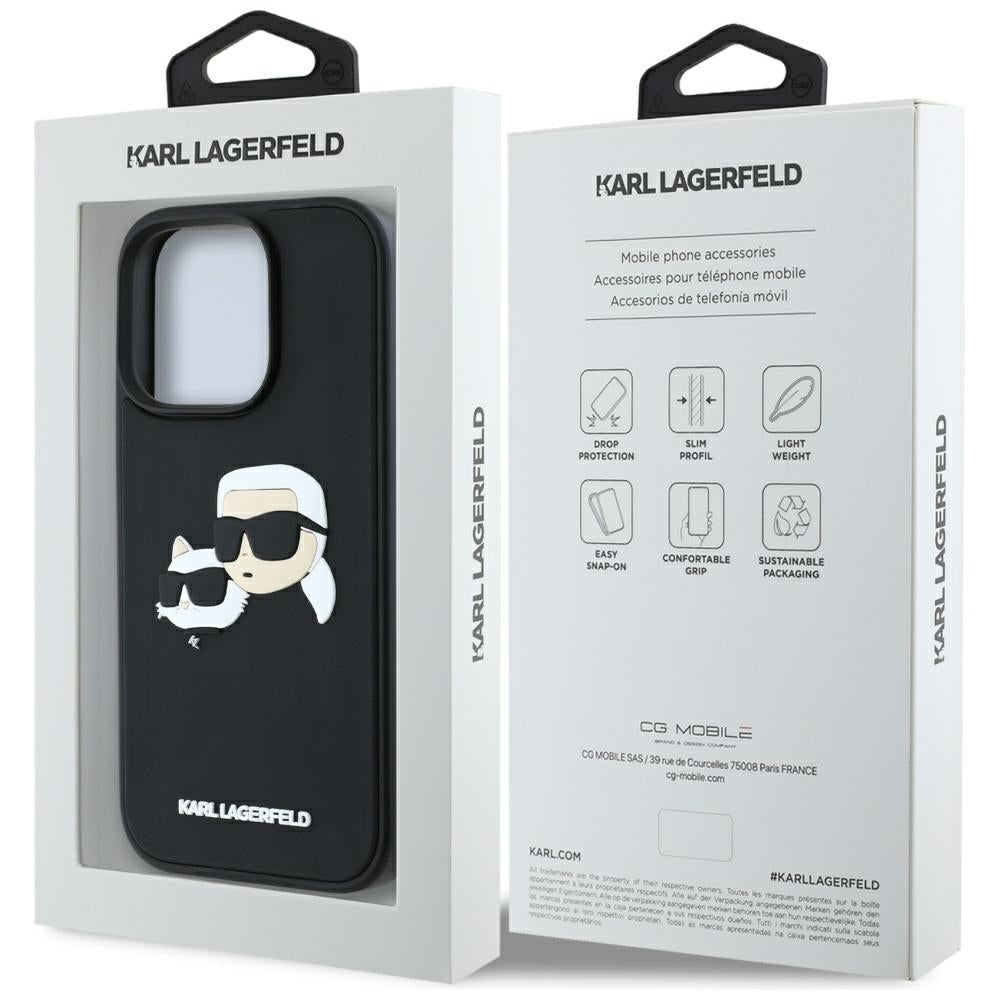 Funda para Apple iPhone 16 Pro Max, Karl Lagerfeld, 3D Rubber Karl & Choupette, Negra