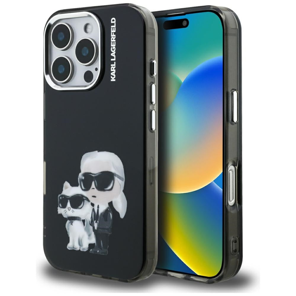 Funda para Apple iPhone 16 Pro Max, Karl Lagerfeld, IML Aquarelle Logo Karl & Choupette, Negra