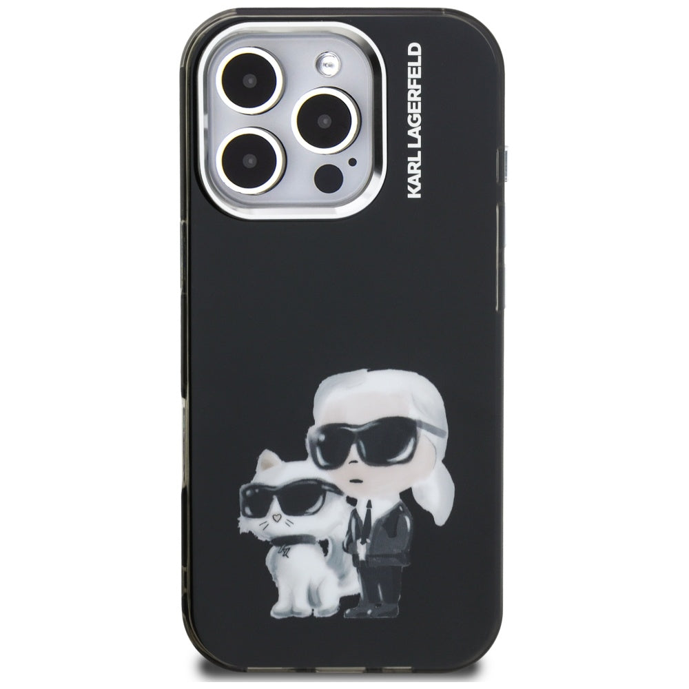 Funda para Apple iPhone 16 Pro Max, Karl Lagerfeld, IML Aquarelle Logo Karl & Choupette, Negra