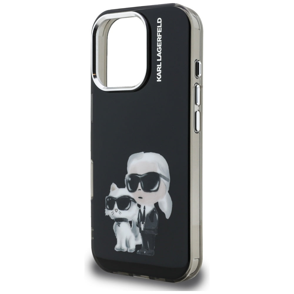 Funda para Apple iPhone 16 Pro Max, Karl Lagerfeld, IML Aquarelle Logo Karl & Choupette, Negra